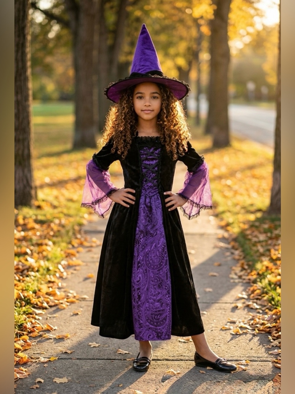 Purple and Black Witch Halloween Costume with Pointed Hat
